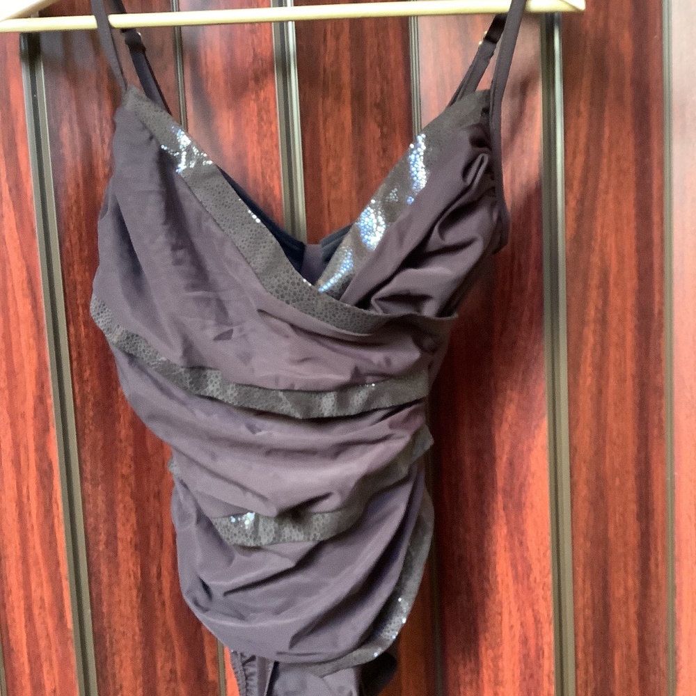 Dark brown one-piece swimsuit.